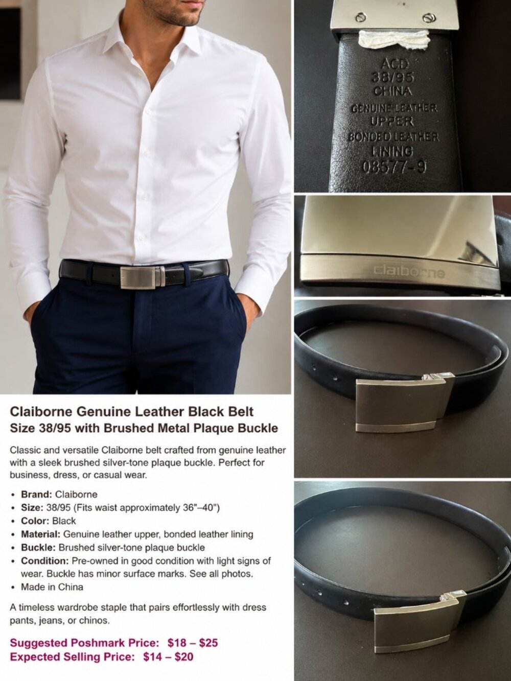 Claiborne Genuine Leather Black Dress Belt with Brushed Metal Plaque Buckle – Si